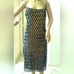 BNWT BADGLEY MISCHKA EVENING DRESS SZ 10 BLACK W GOLD & BLUE SEQUINS MESH/ LINED